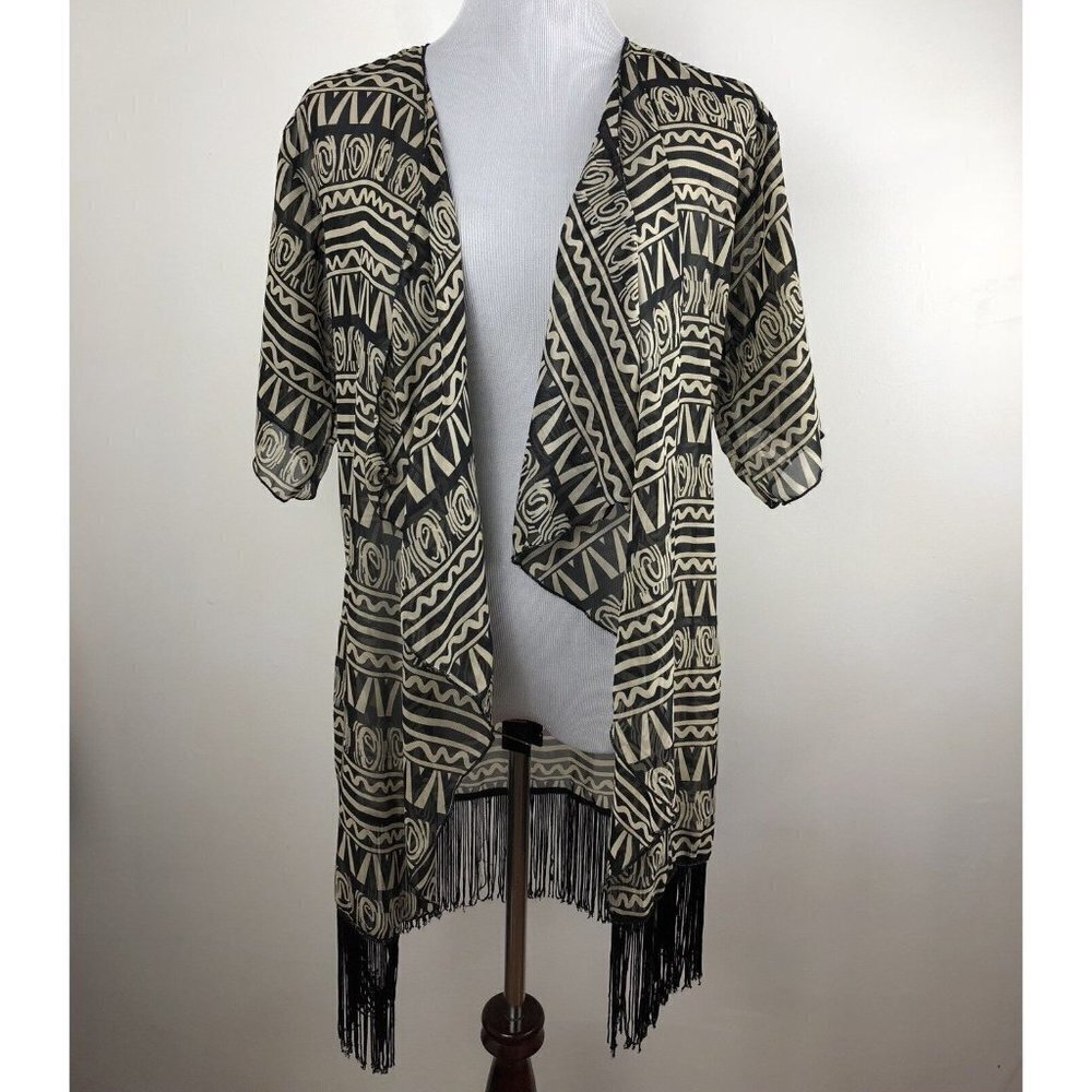 Lularoe Sheer Kimono Tribal Print‎ with Bottom Fringe Tan Black Small